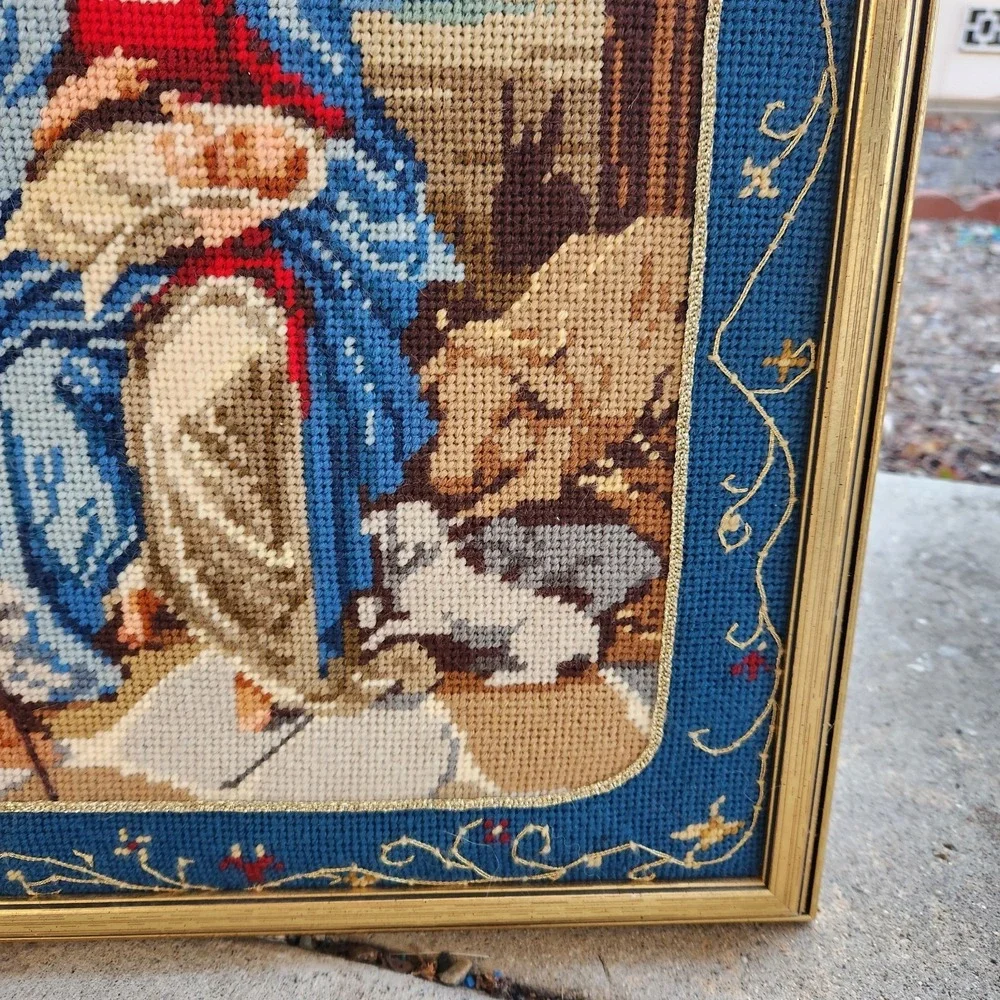 Vtg Nativity Scene Needlepoint Finished art Framed 15.5 X 19.5